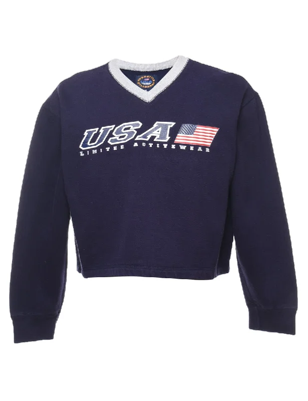 Navy, Red & White Cropped USA Printed Sweatshirt - M