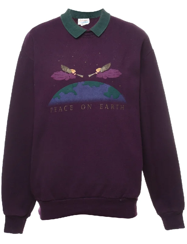 Peace On Earth 1990s Purple Printed Sweatshirt - M