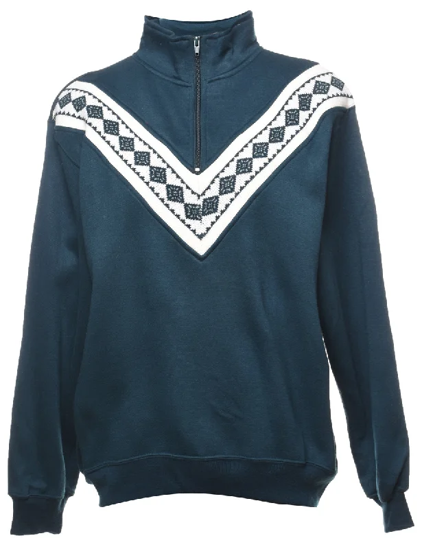 Quarter-Zip Dark Green & White Patterned Sweatshirt - M