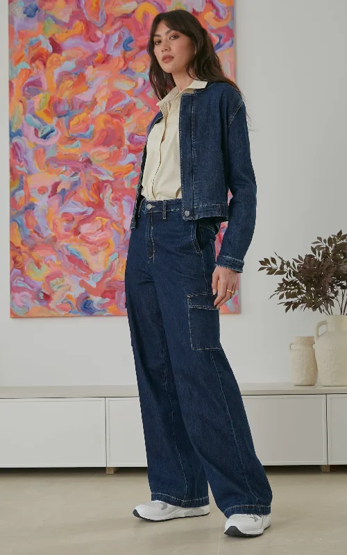 Zeona Indigo Cargo Wide Leg Pants