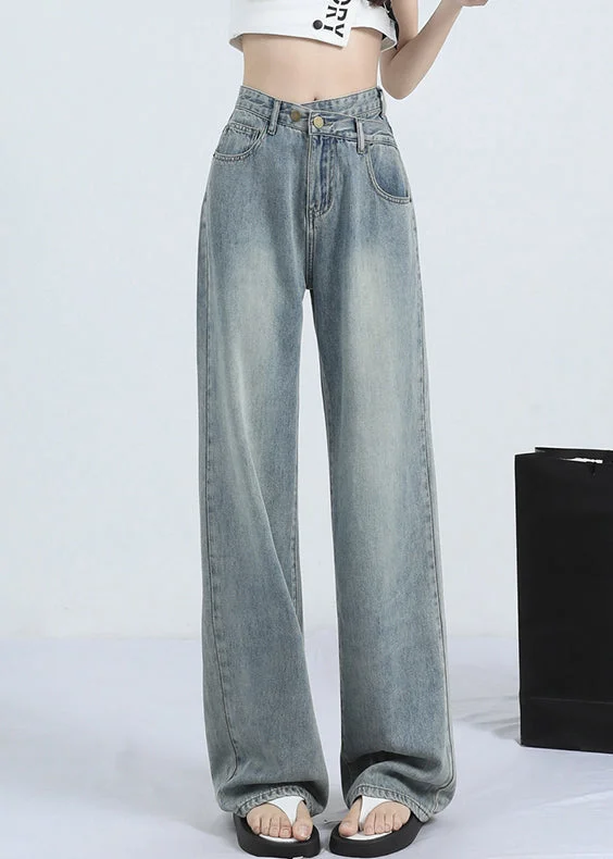 Blue Pockets Denim Straight Pants High Waist Spring