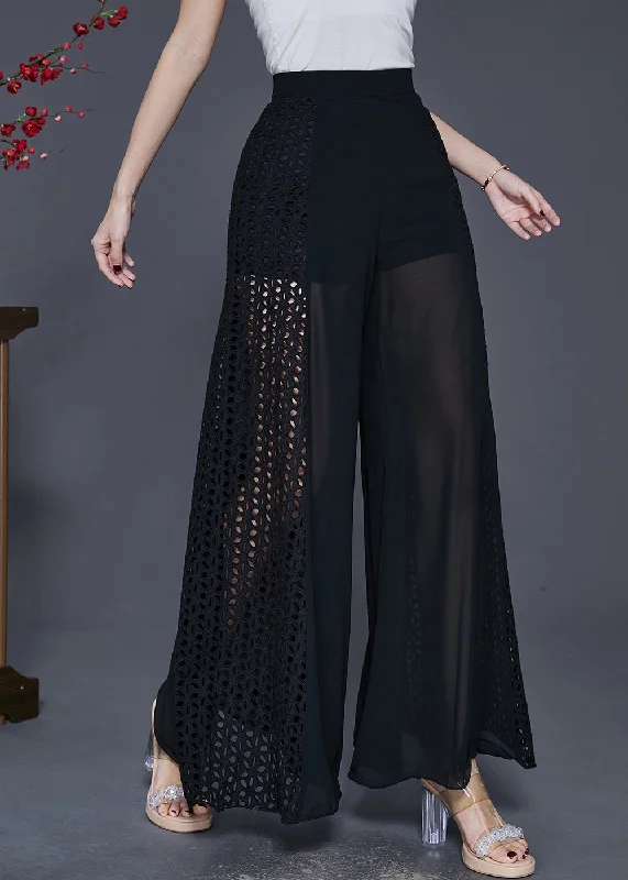 Boho Black Hollow Out Patchwork Chiffon Wide Leg Pants Spring