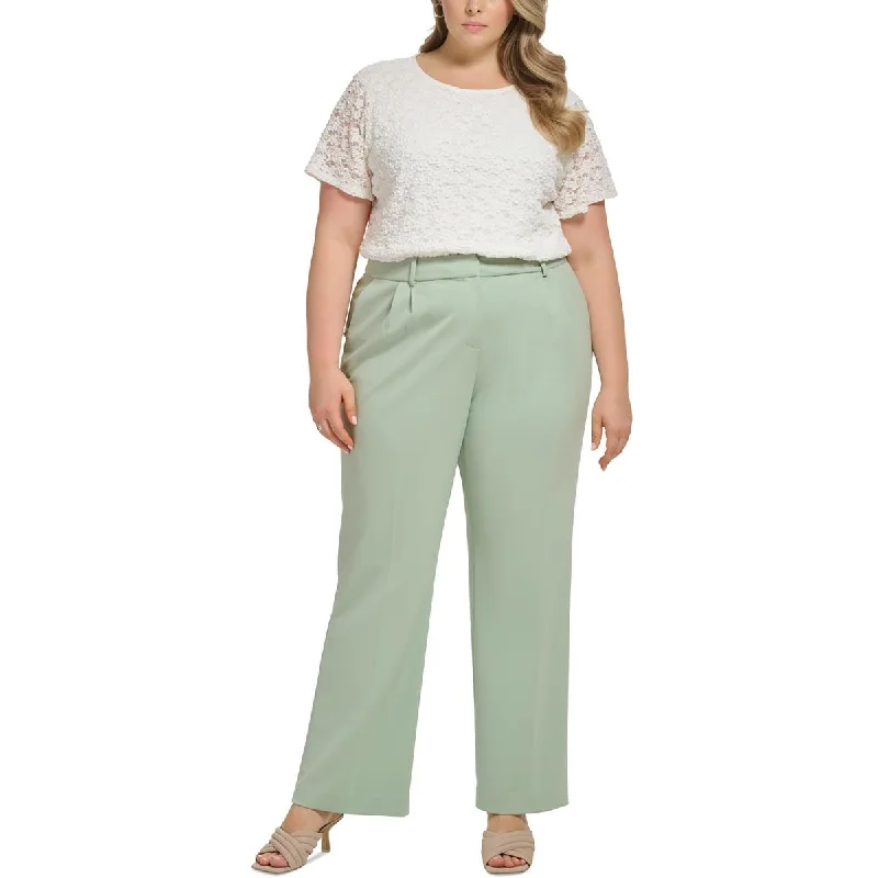 Calvin Klein Womens Plus High Rise Pleated Wide Leg Pants