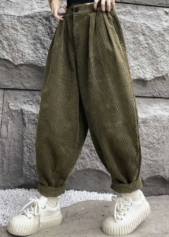 Simple Army Green Pockets High Waist Corduroy Crop Pants